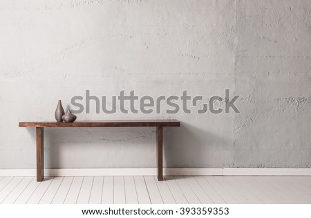 grey concrete wall wooden modern desk with wooden floor