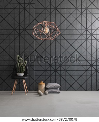 black textured wall and modern lamp black leather chair with cactus and pillow.\
concrete floor and ball