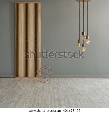 gray wall in front of modern wooden separator modern pendant lamp textured wood laminate flooring