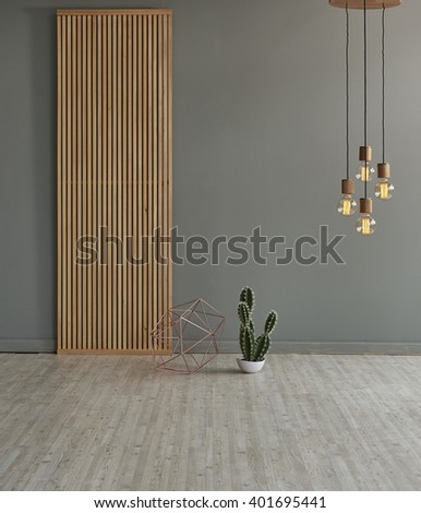 gray wall in front of modern wooden separator modern pendant lamp textured wood laminate flooring with cactus