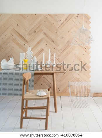 Scandinavian modern dining room behind parquet wall white floor decoration