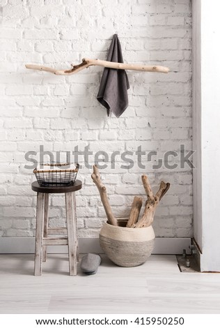 contemporary natural wall decoration bathroom towels and wood hanger with drift wood slipper