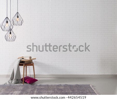 empty white brick wall  and lamp with rug living room concept