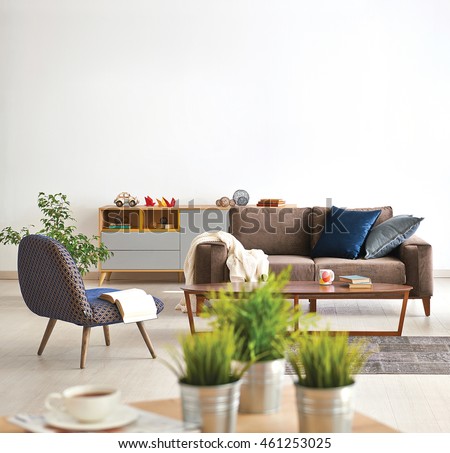 modern living room sofa and armchair with vase of grass