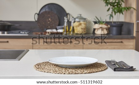 New concept of modern kitchen, kitchen accessories with new furniture and blurry appearance in the background