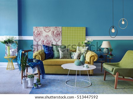 turquoise wall living room, modern lamp