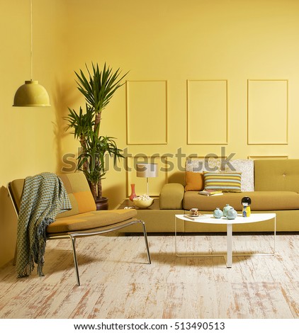 yellow wall modern interior style, modern lamp