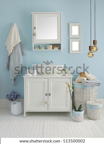 modern blue wall clear bathroom style, modern lamp