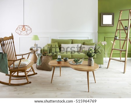 natural wood furniture green wall decor, modern lamp