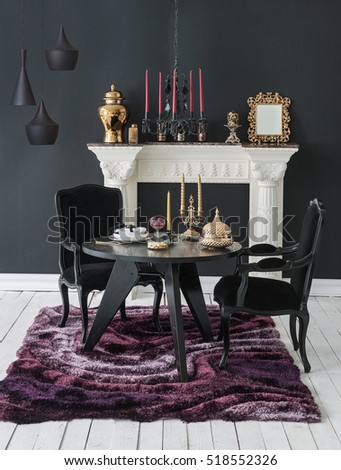 luxury interior decor black wall and fireplace black chair gold frame classic dining room style, modern lamp