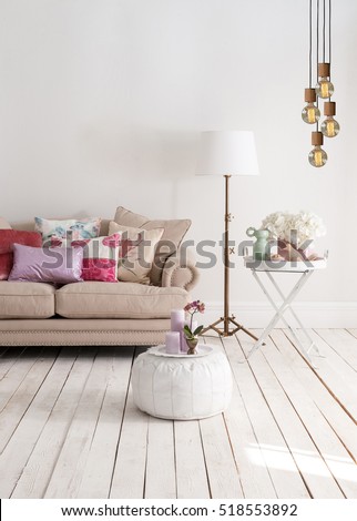 classic sofa and decorative lamps behind white wall interior decor, modern lamp