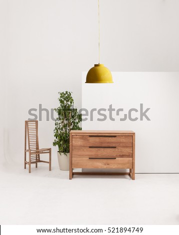 modern interior blue rug and wooden chair with wooden wall decoration, modern lamp