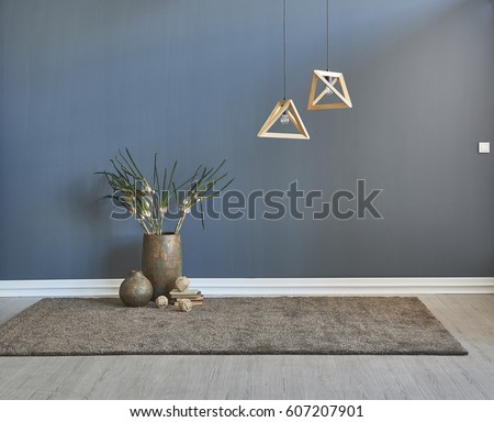 modern interior space blank wall decoration and special design lamp, colored wall, carpet and parquet