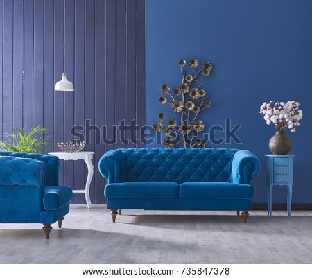 turquoise sofa classic living room decoration grey and blue wall horizontal banner with empty wooden floor interior style