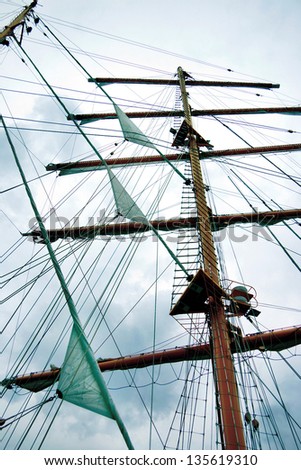 Gear old sailing ship on the background of an blue sky