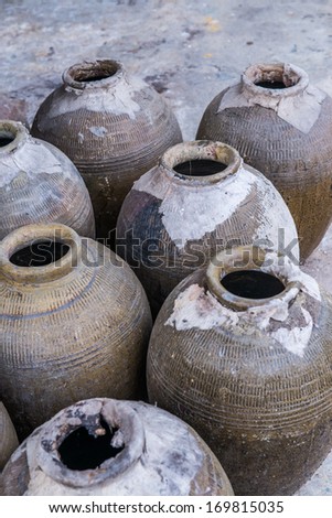 Many old clay Jar in the factory, Thailand