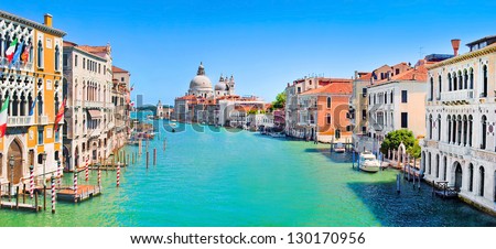 Panoramic View Of Canal Grande With Basilica Di Santa Maria Della Salute In Venice, Italy