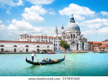 Gondola on Canal Grande with Basilica di Santa Maria della Salute in the background, Venice, Italy