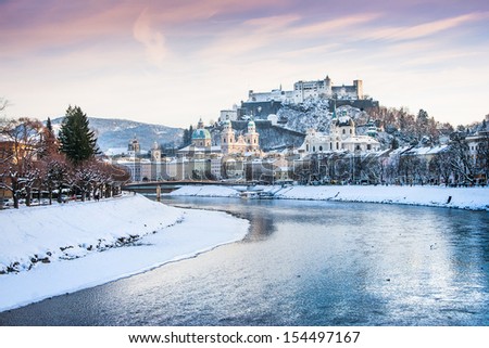 Beautiful view of Salzburg skyline with Festung Hohensalzburg and river Salzach in winter Salzburger Land Austria Beautiful view of Salzburg skyline with Festung Hohensalzburg and river Salzach in winter Salzburger Land Austria
