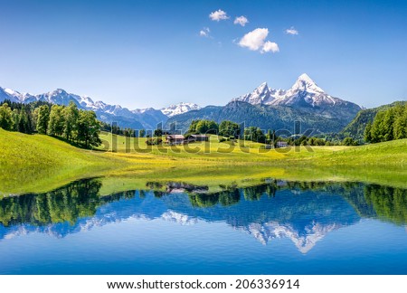 Idyllic summer landscape with clear mountain lake in the Alps