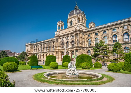 Beautiful view of famous Naturhistorisches Museum (Natural History Museum) with park and sculpture in Vienna, Austria
