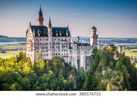 Beautiful view of world-famous Neuschwanstein Castle, the 19th century Romanesque Revival palace built for King Ludwig II, in beautiful evening light at sunset, Fussen, southwest Bavaria, Germany