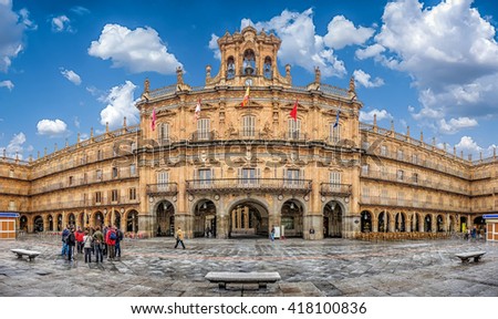Famous and historic  Plaza Mayor in Salamanca on a sunny day with dramatic clouds, Castilla y Leon, Spain