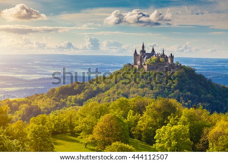Aerial view of famous Hohenzollern Castle, ancestral seat of the imperial House of Hohenzollern and one of Europe\'s most visited castles, in beautiful golden evening light, Baden-Wurttemberg, Germany