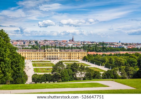 Classic view of famous Schonbrunn Palace with Great Parterre garden on a sunny day with blue sky and clouds in summer, Vienna, Austria