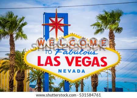 Classic view of Welcome to Fabulous Las Vegas sign at the south end of world famous Las Vegas strip on a beautiful sunny day with blue sky and clouds, Las Vegas, Nevada, USA