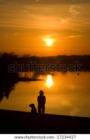 Dog and dog owner watching the sun set