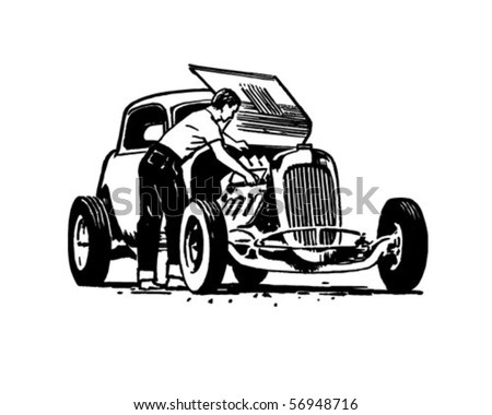 Black White Clip  Auto Racing on Hotrod Repair   Retro Clip Art Stock Vector 56948716   Shutterstock