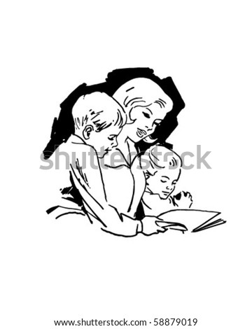 children images clipart. stock vector : Mom Reading With Children - Retro Clip Art