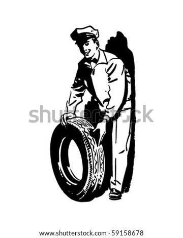 New Tire And Serviceman - Retro Clip Art
