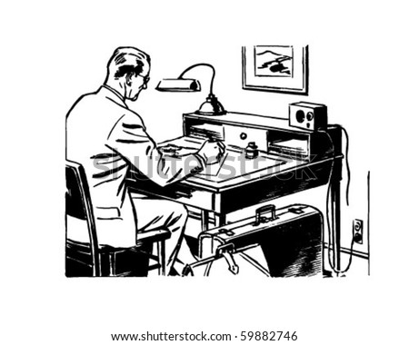 Man Working At Desk - Retro Clip Art