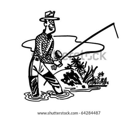 clip art fisherman. stock vector : Night Fisherman - Retro Clipart Illustration