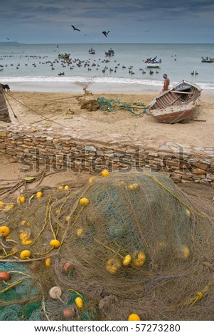 image of fishing net with fishermen fishing with pelicans in background