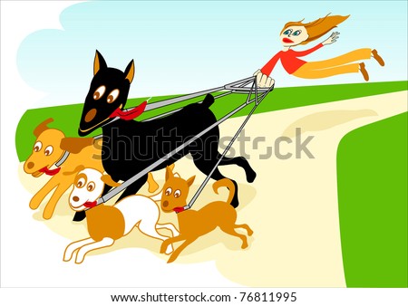 Out of control: young dog sitter walking the dogs, flying pulled by four running dogs in a park - funny cartoon; concepts: inexperience, chaos, lack of authority or leadership, etc.