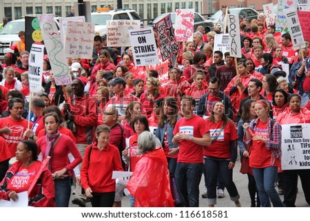 CHICAGO - SEP 13 2012: Teachers on strike and protesting in downtown Chicago, September 13, 2012.
