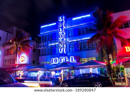 MIAMI BEACH, FLORIDA - CIRCA APR 2014: The art deco Colony Hotel on iconic Ocean Drive in the beautiful South beach area of Miami Beach, Florida at night.