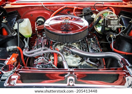 MISSISSAUGA, CANADA - JULY 6 2014: Under the hood of a hot rod muscle car. As seen at \