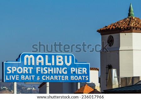 Malibu Famous Sign 2. Iconic sign marking the Malibu Pier, along the Pacific Coast Highway in southern California. 