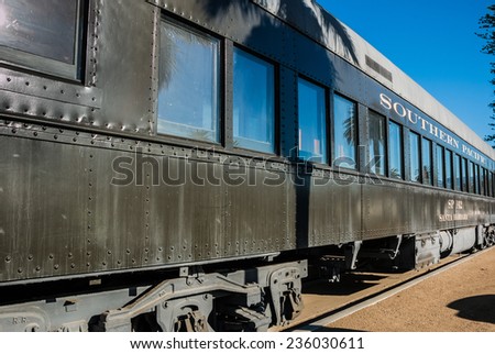 SANTA BARBARA, CALIFORNIA - NOV 6 2014: A classic Southern Pacific passenger train car in Santa Barbara, California. On display at the Santa Barbara Train Station.