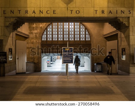 TORONTO, CANADA - APRIL 15, 2015: The passageway entrance to trains in Union Station, Toronto, Canada.