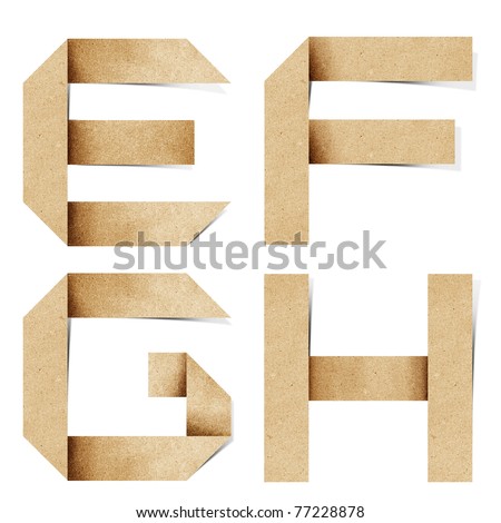 Origami alphabet letters recycled paper craft stick on white background  (e f g h )