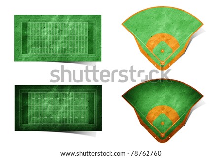 Grunge american football and baseball field recycled paper craft stick on white background