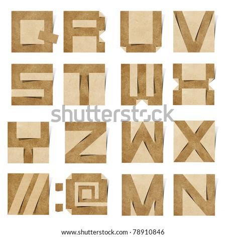 Origami alphabet ( Note Pad style ) letters recycled paper craft stick on white background