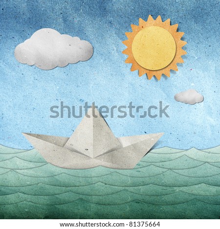 origami paper boat recycled paper craft stick on white background