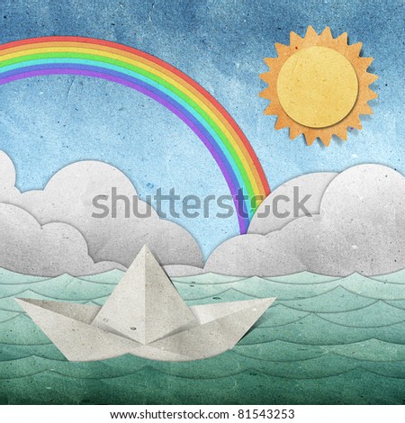 origami paper boat recycled paper craft stick on white background