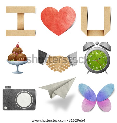 I  love tag recycled paper craft stick on white background